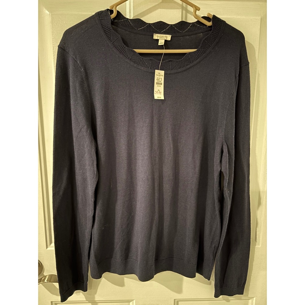 Talbots Petite Sweater Knit Top Scalloped Neckline Long Sleeve Navy‎ LP